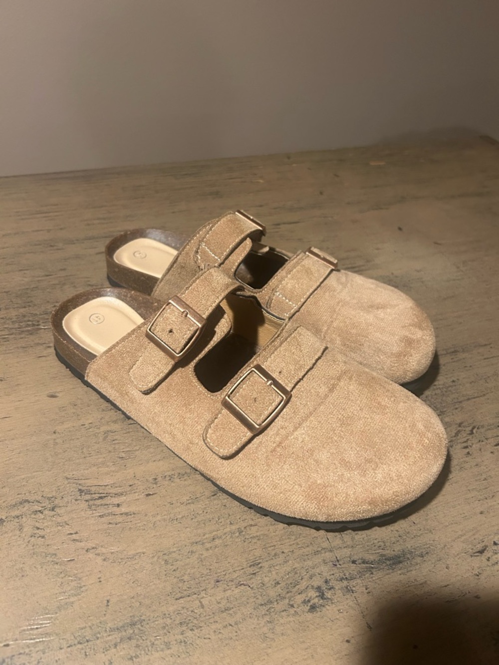 Suede Double-Buckle Clog in Tan